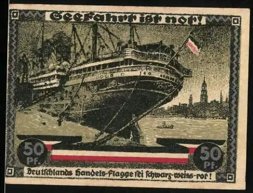 Notgeld Hamburg 1921, 50 Pf, Kultur- und Sportwoche mit Schiff und Säule