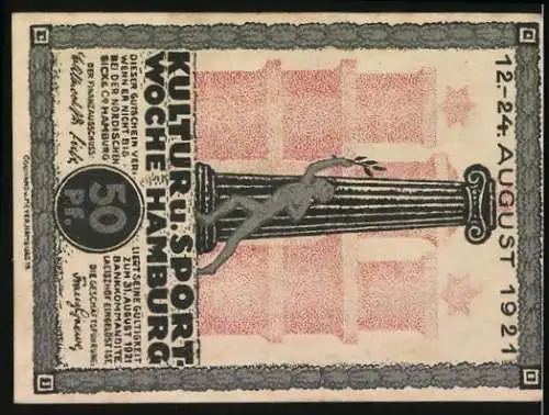 Notgeld Hamburg 1921, 50 Pf, Kultur- und Sportwoche mit Schiff und Säule