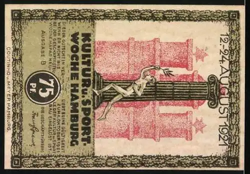 Notgeld Hamburg 1921, 75 Pf, Seefahrt ist not und Kultur- & Sportwoche, Rathaus und Figur auf Säule