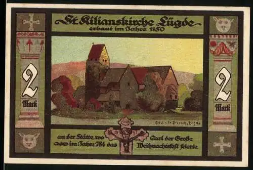 Notgeld Lügde, 1921, 2 Mark, St. Kilianskirche und Stadtsiegel, Nr. 046679