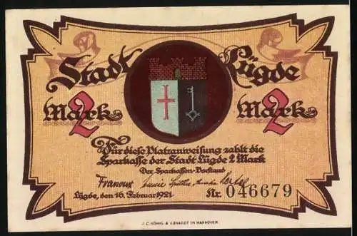 Notgeld Lügde, 1921, 2 Mark, St. Kilianskirche und Stadtsiegel, Nr. 046679