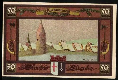 Notgeld Lügde, 1921, 50 Pfennig, Stadtmauer und Stadtwappen