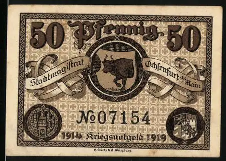 Notgeld Ochsenfurt am Main 1919, 50 Pfennig, Gutschein über Fünfzig Pfennig mit Stadtwappen und Bulle