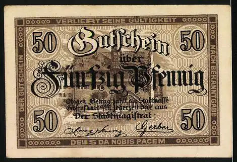 Notgeld Ochsenfurt am Main 1919, 50 Pfennig, Gutschein über Fünfzig Pfennig mit Stadtwappen und Bulle