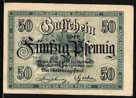 Notgeld Ochsenfurt 1919, 50 Pfennig, Gutschein über Fünfzig Pfennig, Stadtmagistrat Ochsenfurt am Main, Kriegsnotgeld