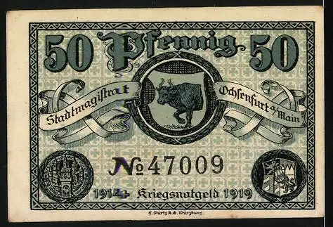 Notgeld Ochsenfurt 1919, 50 Pfennig, Gutschein über Fünfzig Pfennig, Stadtmagistrat Ochsenfurt am Main, Kriegsnotgeld