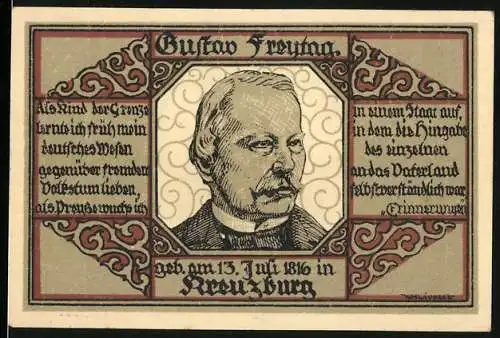 Notgeld Kreuzburg, 1916, Eine Mark, Gustav Freytag Porträt und Kreuzburg Stadtwappen