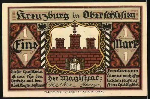 Notgeld Kreuzburg, 1916, Eine Mark, Gustav Freytag Porträt und Kreuzburg Stadtwappen