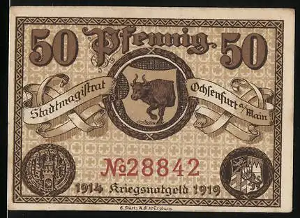 Notgeld Ochsenfurt am Main, 1919, 50 Pfennig, Stadtmagistrat mit Stiermotiv und Stadtwappen