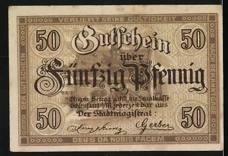 Notgeld Ochsenfurt am Main, 1919, 50 Pfennig, Stadtmagistrat mit Stiermotiv und Stadtwappen