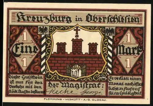 Notgeld Kreuzburg in Oberschlesien, Eine Mark, Stadtwappen und alte Stadtansicht, 1920