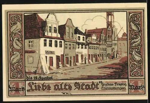 Notgeld Kreuzburg in Oberschlesien, Eine Mark, Stadtwappen und alte Stadtansicht, 1920