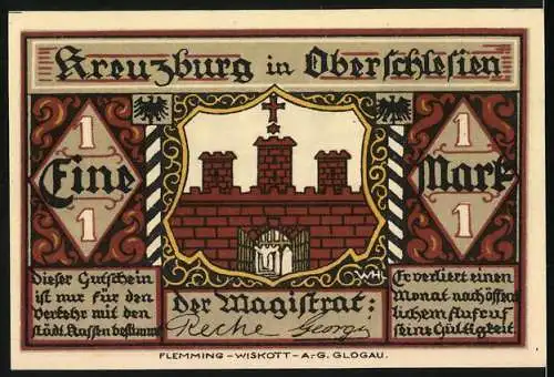 Notgeld Kreuzburg, 1 Mark, Die 12 Apostel und Burgmotiv, Liebe alte Stadt