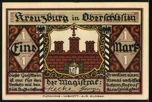 Notgeld Kreuzburg in Oberschlesien, 1 Mark, historische Szene mit Kreuzrittern und Stadtwappen, signiert von Georg Reich