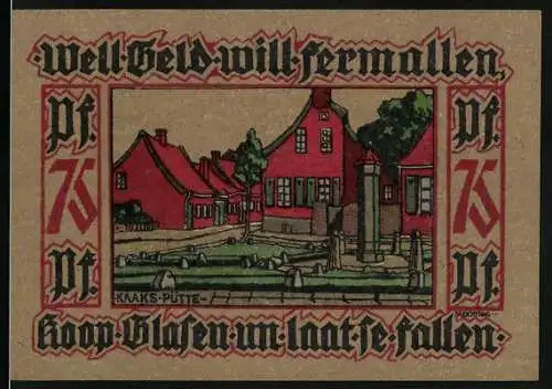 Notgeld Leer, 1921, 75 Pfennig, historische Gebäude und Figur mit Inschrift