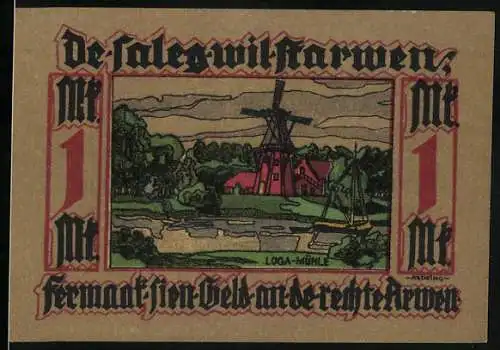 Notgeld Leer 1921, 1 Mark, Windmühle und Trachtenfrau