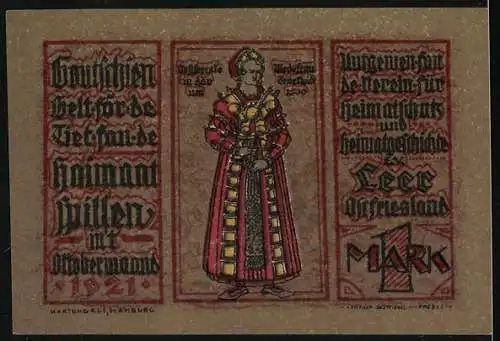 Notgeld Leer 1921, 1 Mark, Windmühle und Trachtenfrau