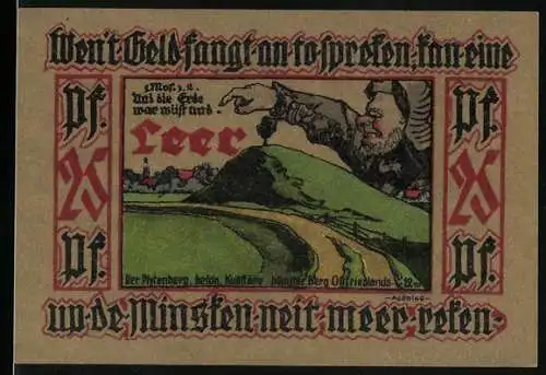 Notgeld Leer 1921, 25 Pfennig, Illustration von Landschaft und historischer Figur in rotem und schwarzem Text