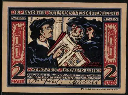 Notgeld Münster 1921, 2 Mark, Drei Männer mit Buch und Porträt eines Mannes mit Hut