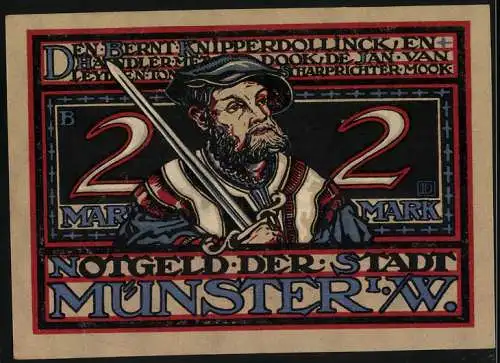 Notgeld Münster, 1921, 2 Mark, Historische Abbildung von Bernd Knipperdollinck und Ritterszene