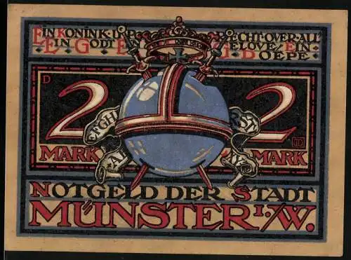 Notgeld Münster i. W., 1921, 2 Mark, Abbildungen einer Krone und eines Königs auf Thron