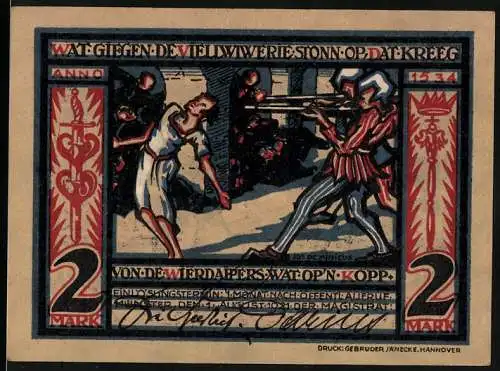 Notgeld Münster 1921, 2 Mark, historische Szene mit Soldaten und Pastor mit Buch