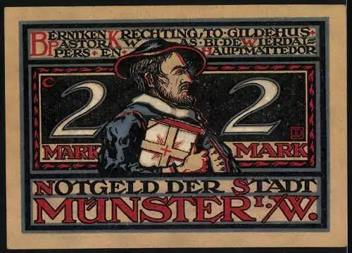 Notgeld Münster 1921, 2 Mark, historische Szene mit Soldaten und Pastor mit Buch