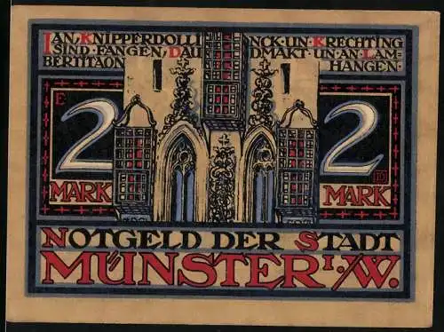 Notgeld Münster i. W., 1921, 2 Mark, Jan van Leyden und Knipperdolling gefangen und massakriert