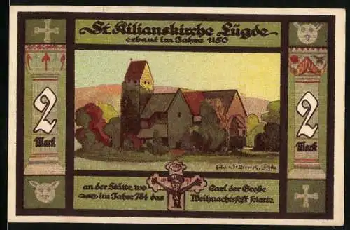 Notgeld Lügde, 1921, 2 Mark, St. Kilianskirche und Stadtwappen