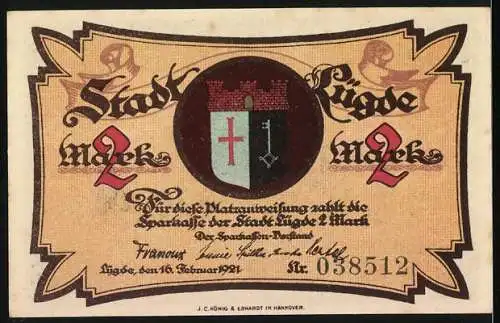 Notgeld Lügde, 1921, 2 Mark, St. Kilianskirche und Stadtwappen