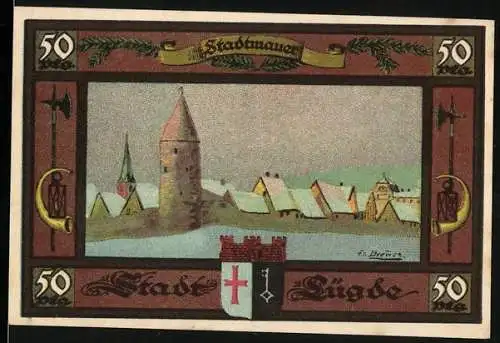 Notgeld Lügde, 1921, 50 Pfennig, Stadtmauer und Zigarrenmotiv