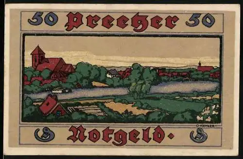 Notgeld Preetz, 50 Pfennig, Landschaft mit Kirche und Stadtwappen, Notgeld der Stadt Preetz in Holstein