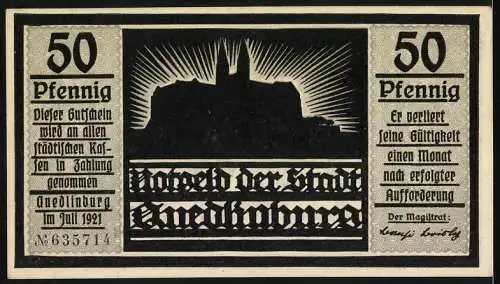 Notgeld Quedlinburg 1921, 50 Pfennig, Silhouette einer Burg und Soldaten mit Fahne