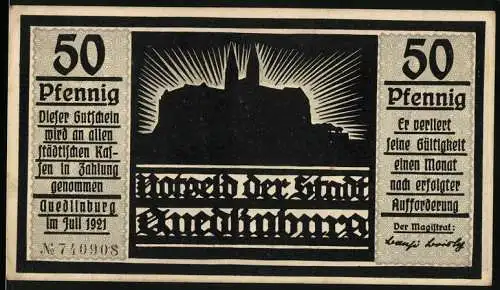 Notgeld Quedlinburg, 1921, 50 Pfennig, Stadtsilhouette und Figur mit Vögeln, Aufschrift Herr Heinrich sitzt am ...