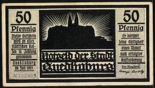 Notgeld Quedlinburg, 1921, 50 Pfennig, Scherenschnitt von Walter Heege, Motiv: Silhouette und Schlossansicht