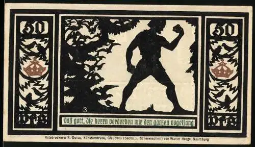 Notgeld Quedlinburg 1921, 50 Pfennig, Silhouette eines Mannes im Wald und Stadtsilhouette mit Sonnenstrahlen