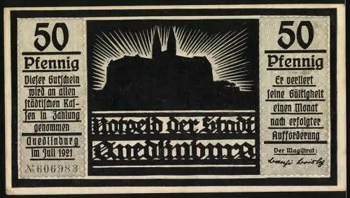 Notgeld Quedlinburg 1921, 50 Pfennig, Silhouette eines Mannes im Wald und Stadtsilhouette mit Sonnenstrahlen