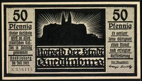 Notgeld Quedlinburg, 1921, 50 Pfennig, Scherenschnitt von Walter Heege, Rückseite mit der Silhouette der Stadt