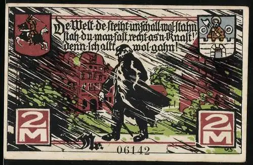 Notgeld Marne, 1922, 2 Mark, Stadt Marne mit mittelalterlichen Figuren und Stadtwappen, Seriennummer 06142