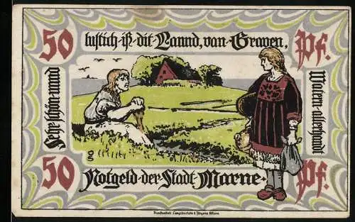 Notgeld Marne, 1922, 50 Pfennig, Bild von zwei Frauen und Landschaft auf Vorderseite, Rettungsboot auf Rückseite