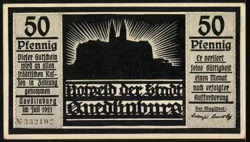 Notgeld Quedlinburg 1921, 50 Pfennig, Silhouetten und Burgansicht, gültig in städtischen Kassen