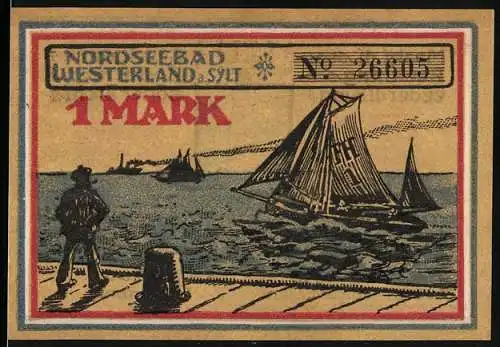 Notgeld Westerland / Sylt, 1921, 1 Mark, Segelschiff und Küstendorf, Leuchtturm und Stadtwappen