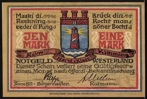 Notgeld Westerland / Sylt, 1921, 1 Mark, Segelschiff und Küstendorf, Leuchtturm und Stadtwappen