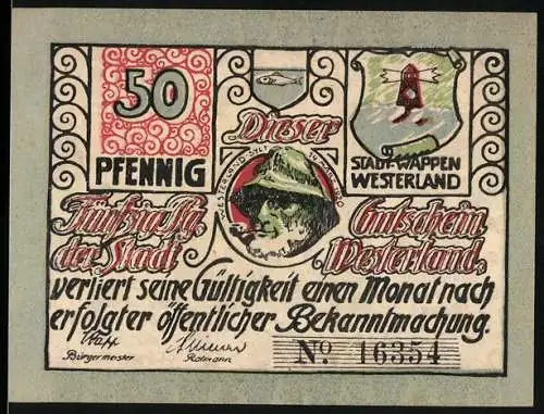 Notgeld Westerland / Sylt, 1921, 50 Pfennig, Stadtwappen und Drachenmotiv