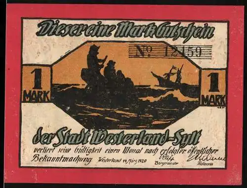 Notgeld Westerland / Sylt, 1920, 1 Mark, Darstellung von Seeschlachten und Stadtansichten