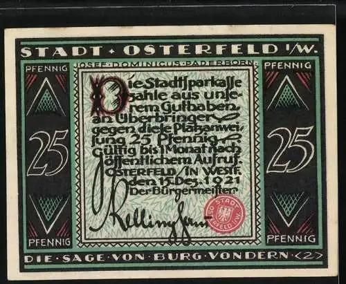 Notgeld Osterfeld 1921, 25 Pfennig, Die Sage von Burg Vondern, Gebrüder Jänecke Druck und Verlagshaus Hannover