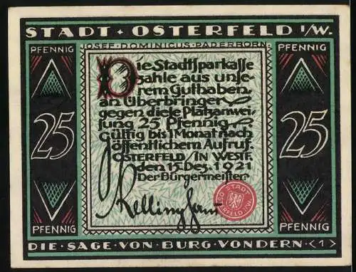 Notgeld Osterfeld 1921, 25 Pfennig, Die Sage von Burg Vondern, Stadtmotive und Schriftzüge