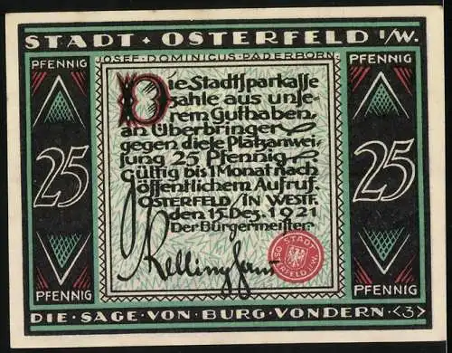 Notgeld Osterfeld, 1921, 25 Pfennig, Die Sage von Burg Vondern, Gebrüder Jänecke, Druck- und Verlagshaus, Hannover