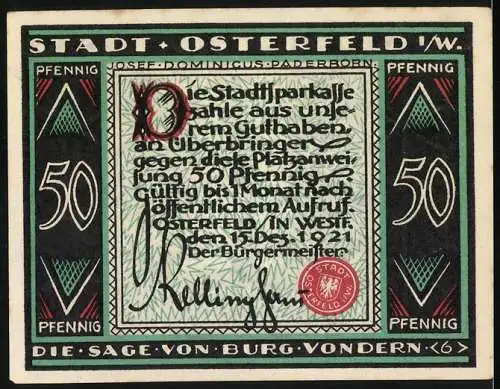 Notgeld Osterfeld 1921, 50 Pfennig, Die Sage von Burg Vondern, Stadtparkasse, Gültig bis Monatsende