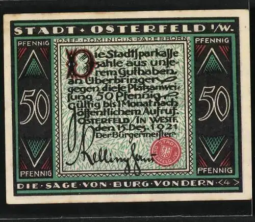 Notgeld Osterfeld 1921, 50 Pfennig, Die Sage von Burg Vondern, Gültig bis Monat nach öffentlichem Aufruf